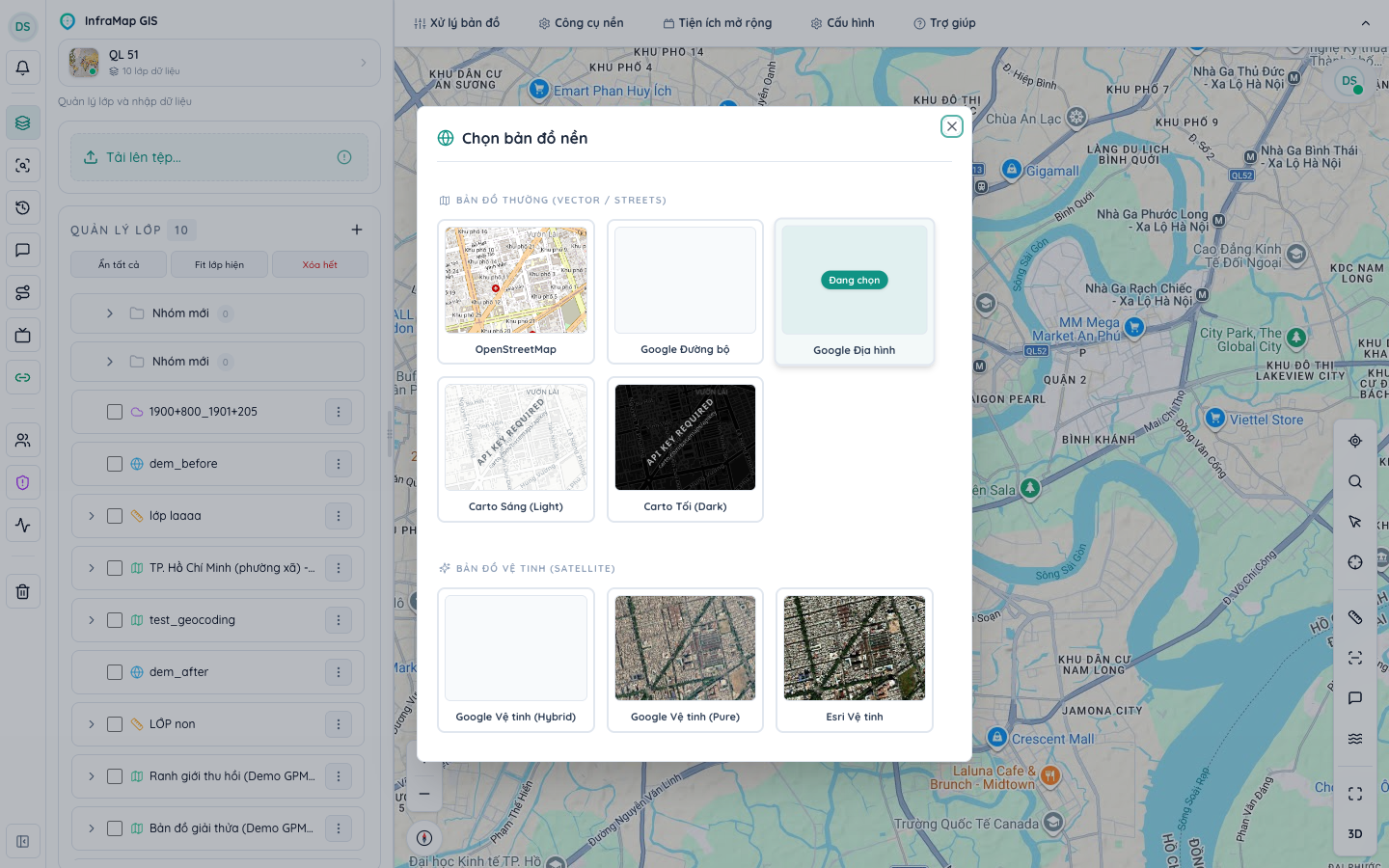 Hộp thoại Chọn Bản đồ nền trong InfraMap GIS