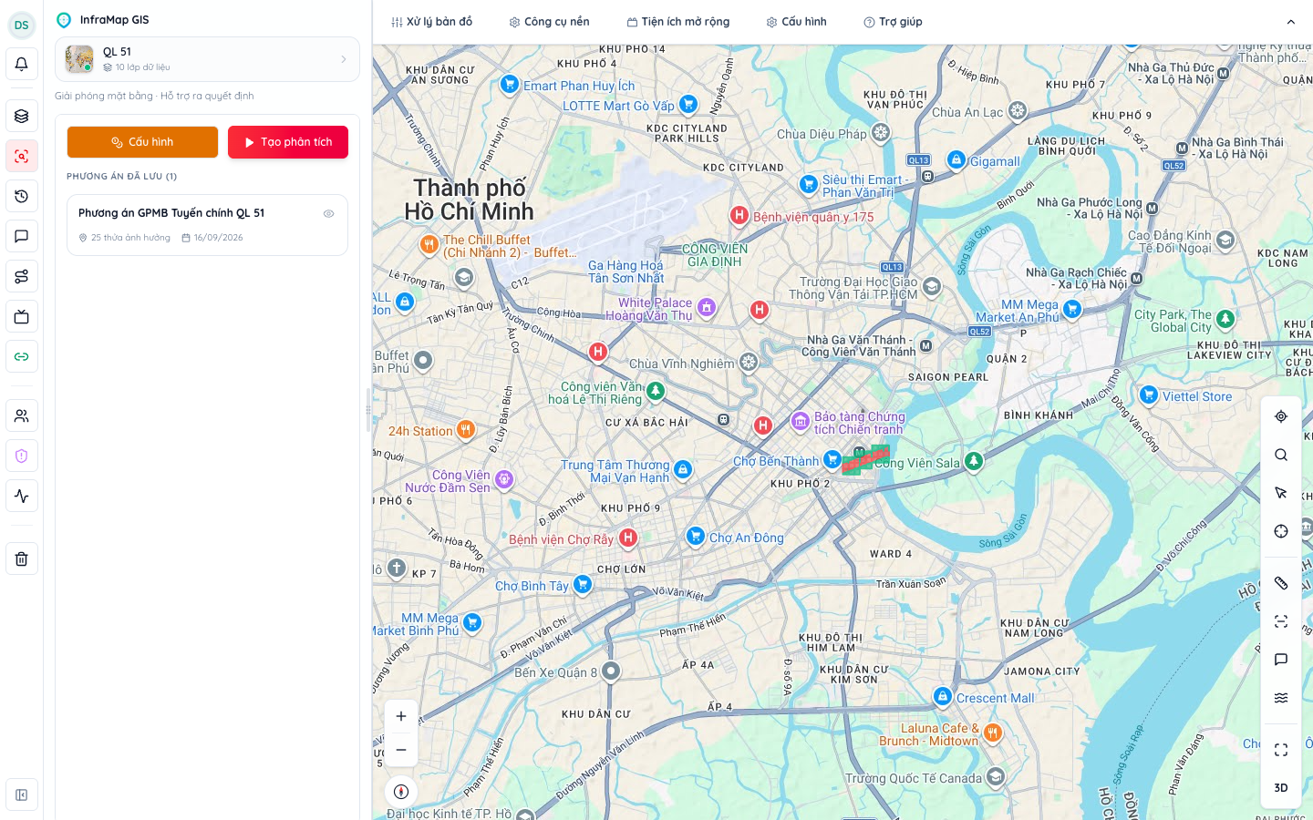 Phương án GPMB đã lưu hiển thị trên Sidebar và Bản đồ