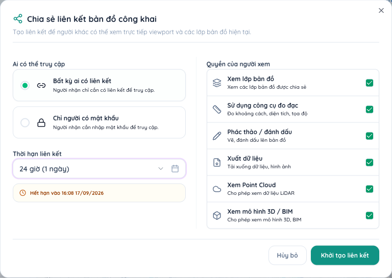 Hộp thoại Khởi tạo Liên kết Chia sẻ Bản đồ Công khai