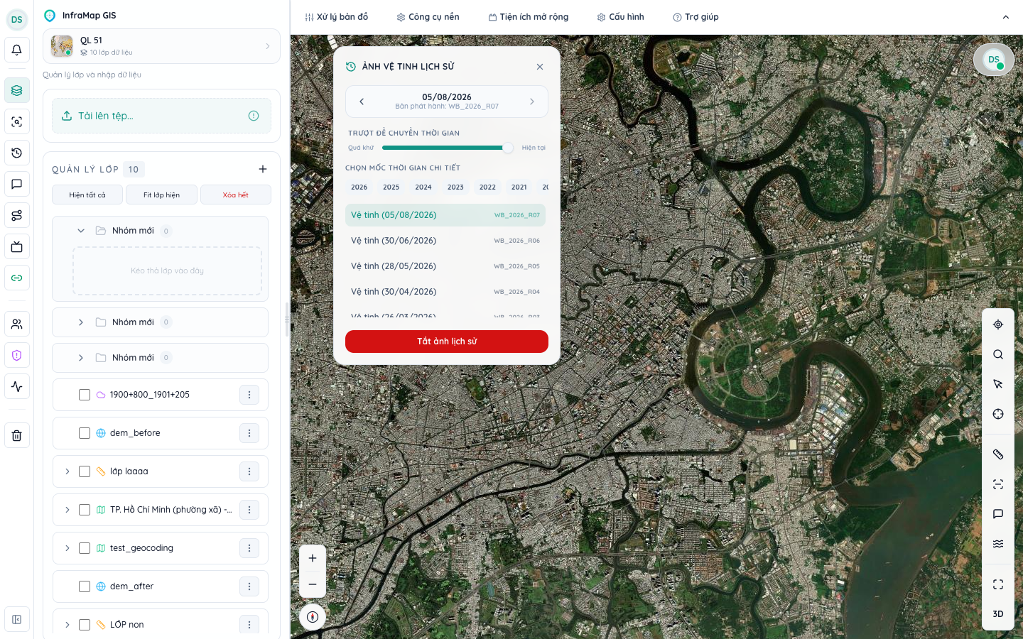 Giao diện Bảng điều khiển Ảnh vệ tinh lịch sử Esri Wayback